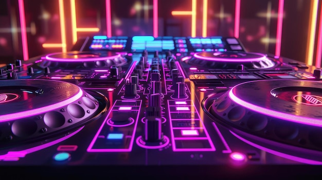 Closeup of a DJ mixer with vibrant neon lights