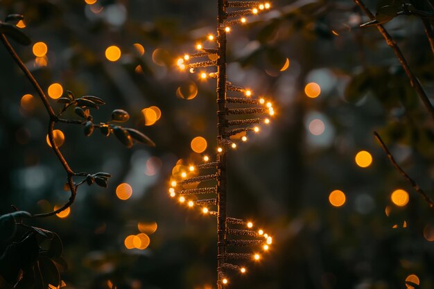 Photo closeup of dnashaped string lights glowing in a forest surrounded by bokeh lights magical and scientific fusion in nature