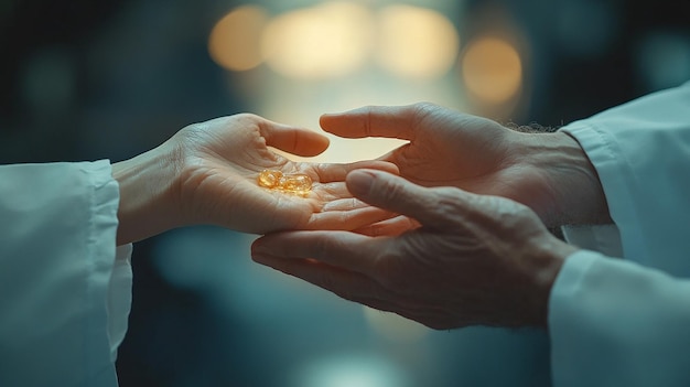 Photo closeup of doctor and patient hands in healthcare