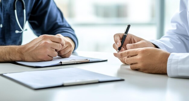 Photo closeup of a doctor and a patient signing a document with a pen