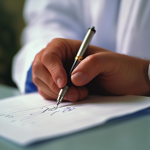 Photo a closeup of a doctors hand writing a prescription or medical note