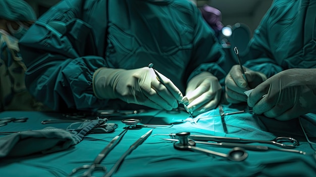 Closeup of a doctors hands performing surgery with surgical instruments in the background