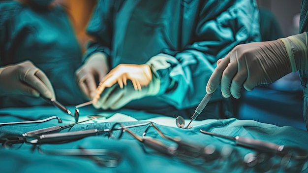 Closeup of a doctors hands performing surgery with surgical instruments in the background