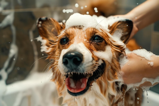 Closeup of dog being bathed and groomer in pet beauty salon studio for hairdressing clean