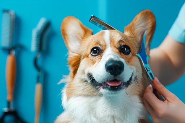 Photo closeup of dog being bathed and groomer in pet beauty salon studio for hairdressing clean