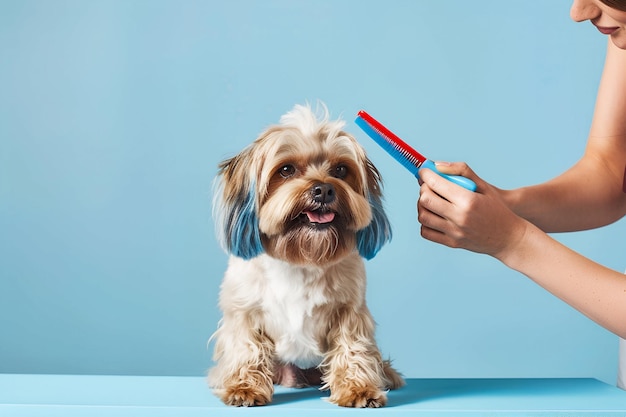 Closeup of dog being bathed and groomer in pet beauty salon studio for hairdressing clean