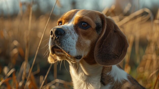 A closeup of a dog in a field of tall grass Suitable for pet and nature themes