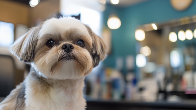 Photo a closeup of a dog in a grooming salon showcasing its expressive face and fluffy fur