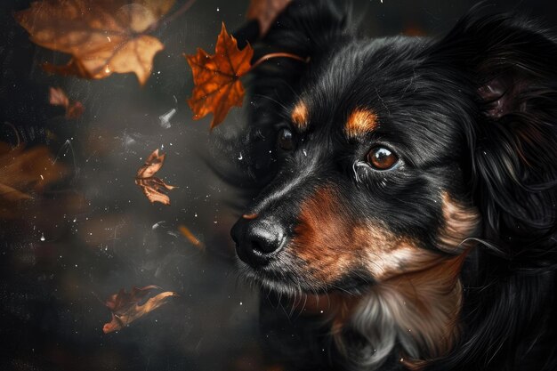 Closeup of a dog among swirling autumn leaves capturing the essence of fall