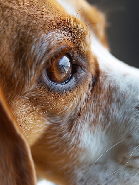 Photo closeup of dogs eye reflecting window light pet portrait