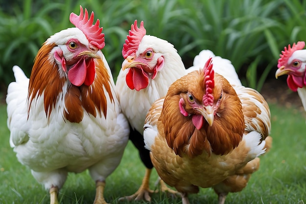 Photo closeup of domestic chickens bird species