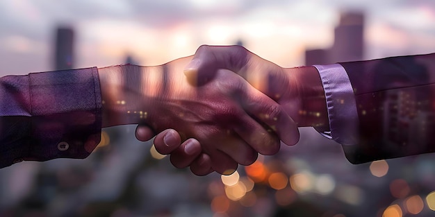 Closeup double exposure handshake symbolizing successful business deal against city backdrop Concept Business Double Exposure Handshake Success Cityscape