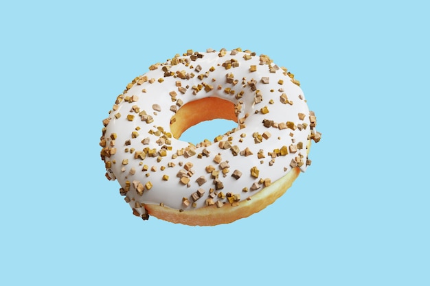 Closeup Doughnut topping with almond Icing sweet isolated floating on blue background.  3D Rendering