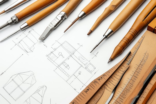 Photo closeup of a drafting table with tools and a sketch of a building