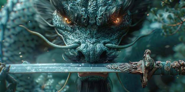 Photo closeup of a dragon with a sword in its mouth