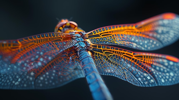 Photo closeup of a dragonfly39s wings with intricate patterns of orange and blue