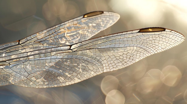 Photo closeup of a dragonflys wings with intricate veins and a warm soft background