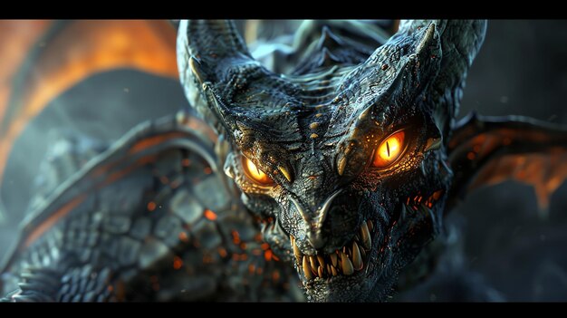 Photo a closeup of a dragons face showing its sharp teeth and glowing eyes