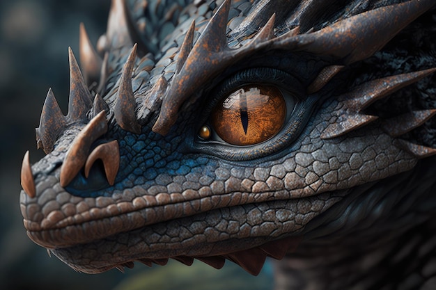 Closeup of dragons face with its eyes and whiskers in focus