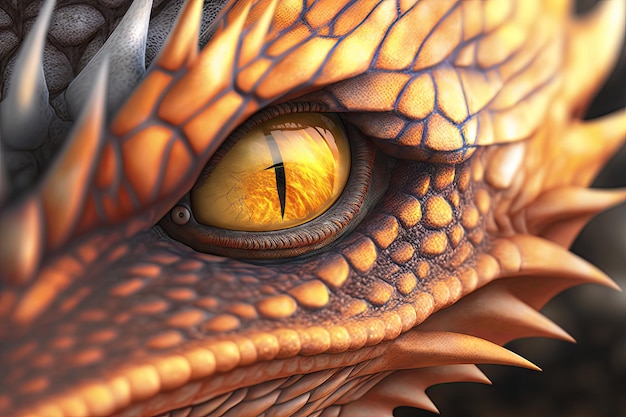 Closeup of dragons face with its eyes and whiskers in focus