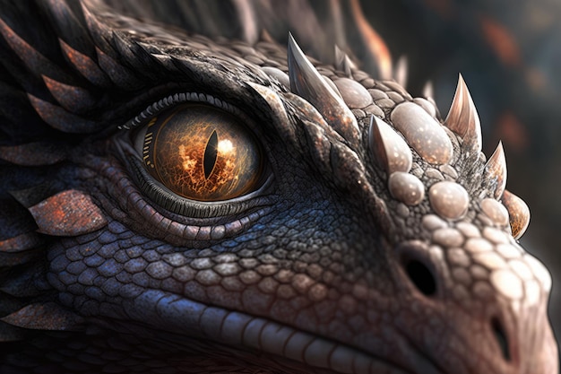 Closeup of dragons face with its eyes and whiskers in focus