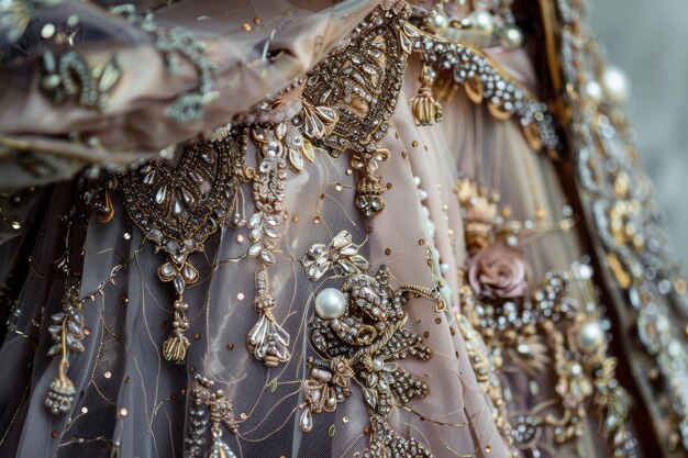 Closeup of a dress adorned with intricate beads and metallic accents showcasing the intricate detail An extravagant look with metallic accents and embellishments