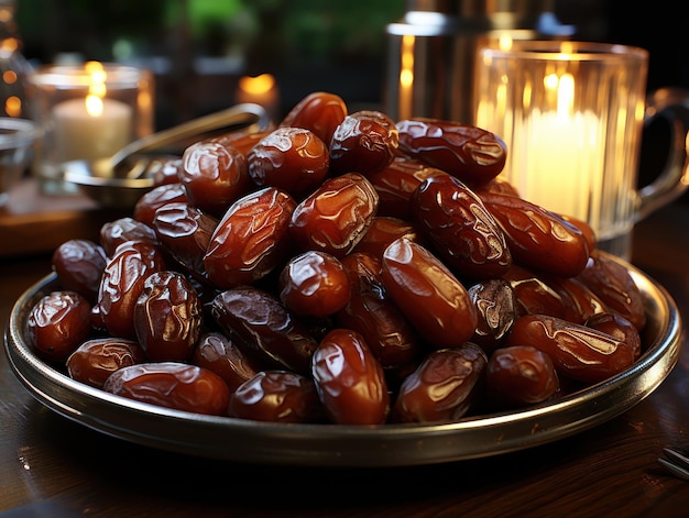 Closeup dried date fruits or kurma on table with candle on dark background food holy day of Ramadan