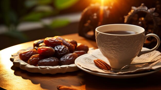 Closeup of dried dates on a saucer and a cup of coffee on a wooden table ready to eat during Iftar Islamic Religion Ramadan Kareem Muslim Dinner Holiday concepts