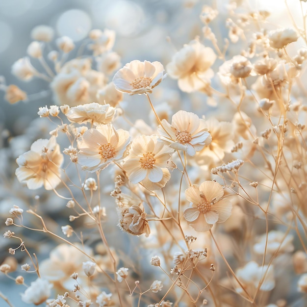 A closeup of dried flowers and babys breath in pastel colors blurred background soft focus vinta