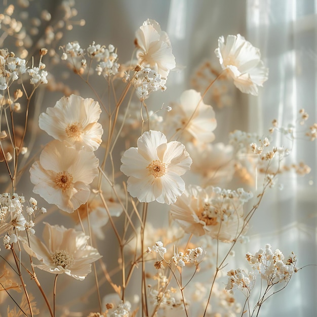 A closeup of dried flowers and babys breath in pastel colors blurred background soft focus vinta