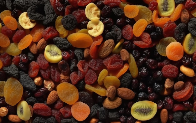 closeup dried mix of fruits and nuts healthy snacks texture background ai generated