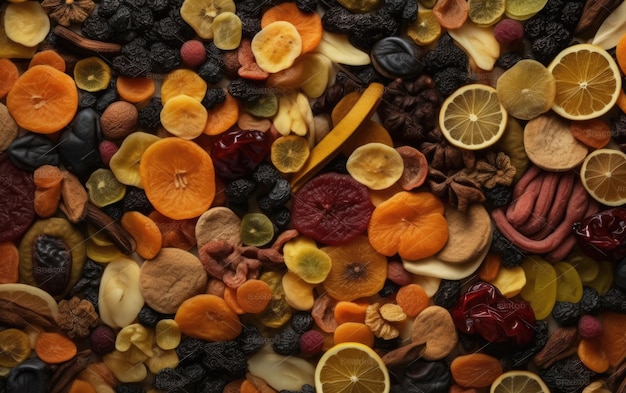 closeup dried mix of fruits and nuts healthy snacks texture background ai generated