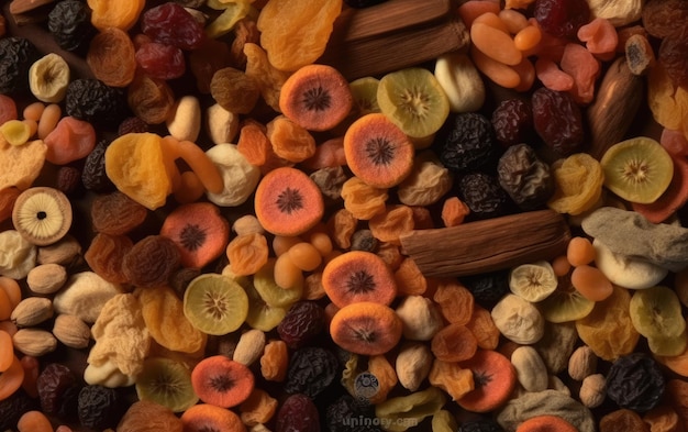 closeup dried mix of fruits and nuts healthy snacks texture background ai generated