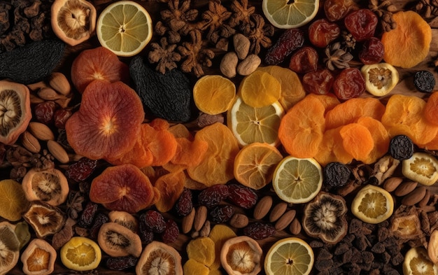 closeup dried mix of fruits and nuts healthy snacks texture background ai generated