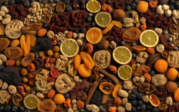 closeup dried mix of fruits and nuts healthy snacks texture background ai generated