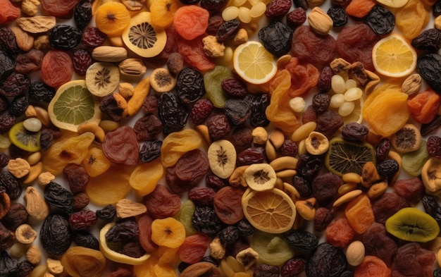 closeup dried mix of fruits and nuts healthy snacks texture background ai generated