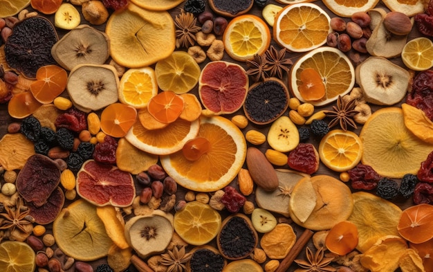 closeup dried mix of fruits and nuts healthy snacks texture background ai generated