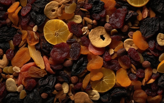 closeup dried mix of fruits and nuts healthy snacks texture background ai generated