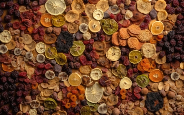 closeup dried mix of fruits and nuts healthy snacks texture background ai generated