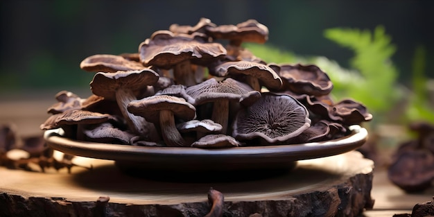 Photo closeup of dried reishi mushroom on wooden table highlighting its health benefits concept product photography health and wellness natural remedies superfood showcase herbalism