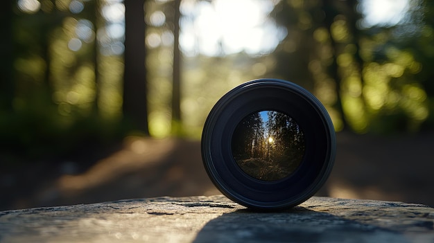 Photo closeup of a drones camera lens forest in the background bright afternoon light