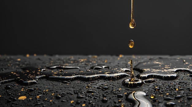 Photo closeup of a drop of oil falling onto a surface