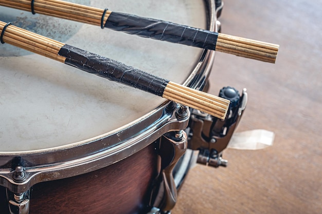 Closeup drumsticks on a blurred background