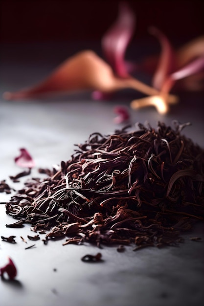 Closeup of dry black tea on dark background AI generated