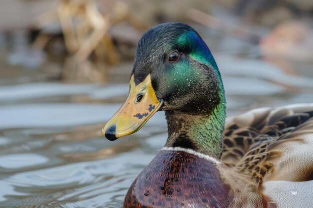 Photo closeup of a duck swimming in a farm pond with calm water showcasing detailed feathers and vivid colors