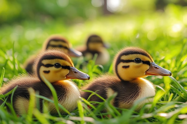 Photo closeup of ducklings in the green grass