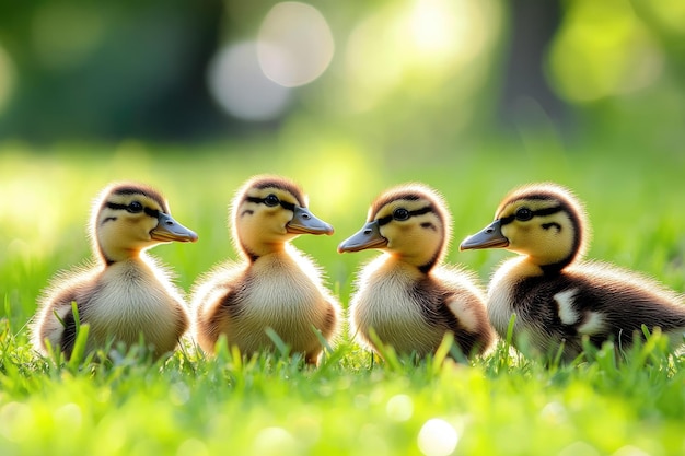 Photo closeup of ducklings in the green grass