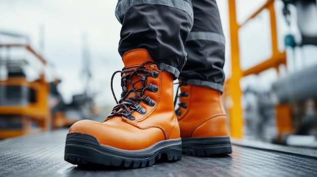 Photo a closeup of durable bright orange work boots worn by a worker on a construction site highlighting safety and toughness