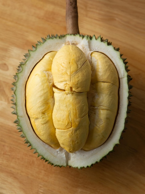 Closeup of durian fruits on wooden background