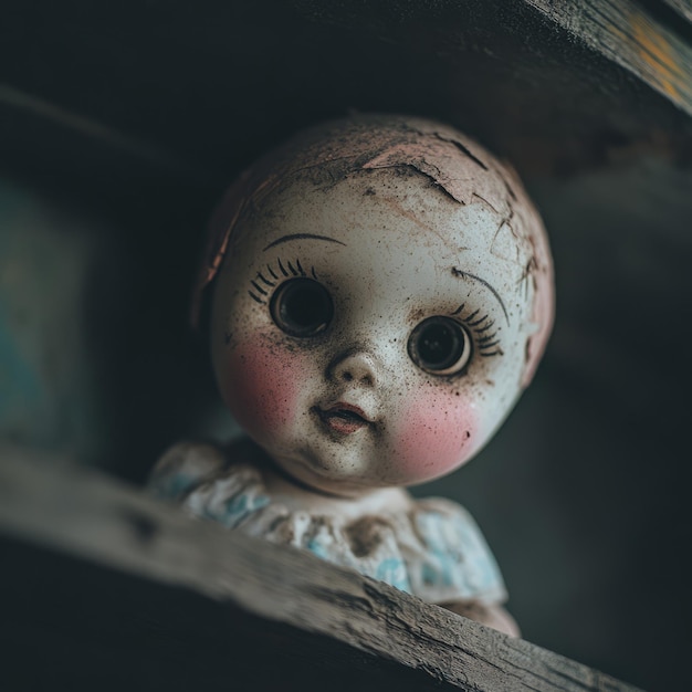 Photo closeup of a dusty old porcelain doll with big black eyes looking up from a wooden shelf